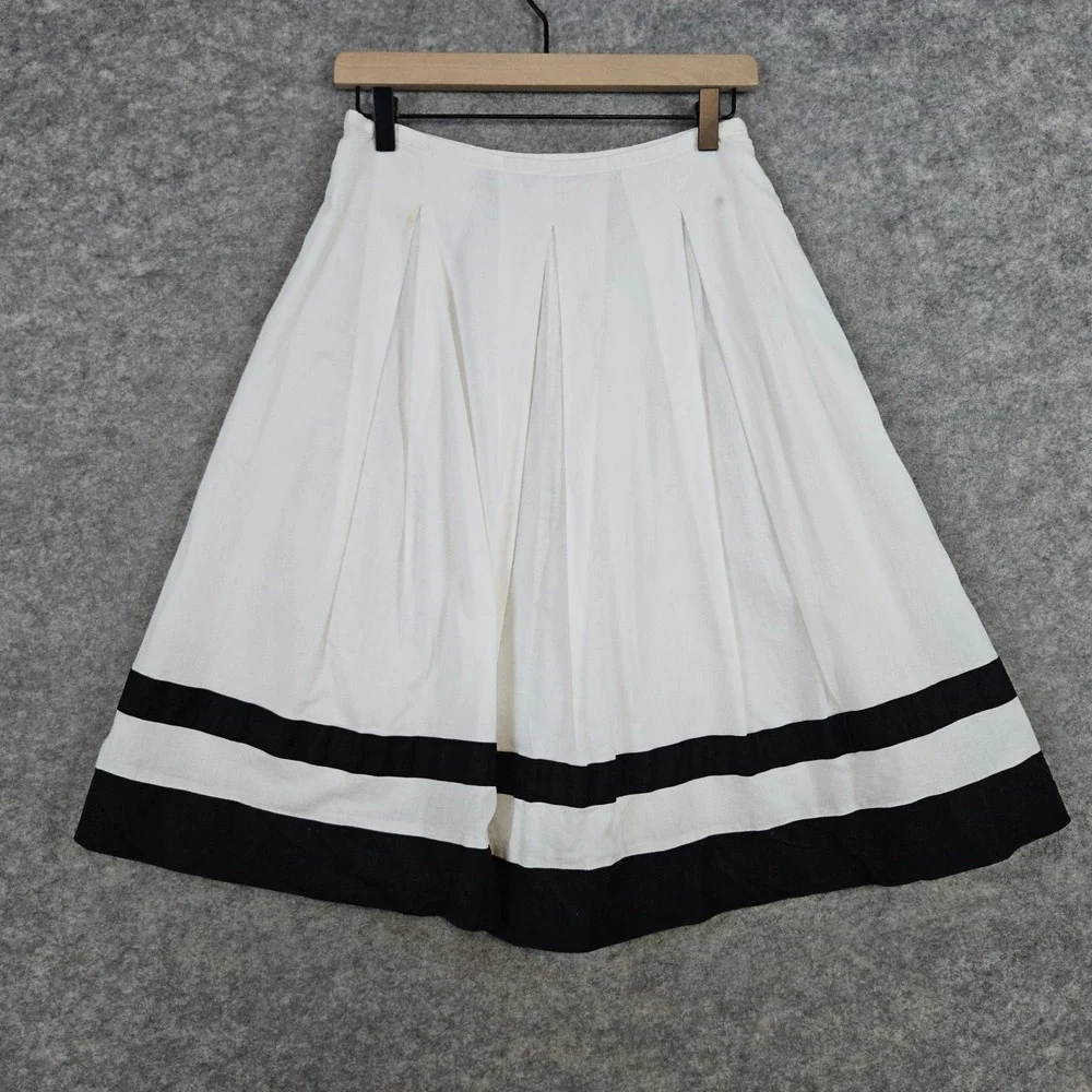 Robbie Bee White‎ Black Stripes Full Pleated Cotton Skirt Women's Size 8 SPOTS
